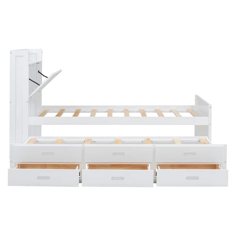 White Twin Size Extendable Wooden Platform Bed with Storage Headboard,Three Storage Drawers and Trundle