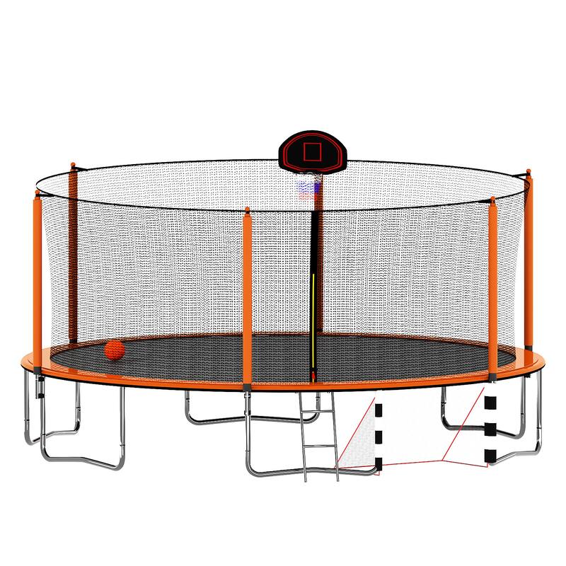 16FT Trampoline with Basketball Hoop, Pump, Ladder, Soccer Goal & Inner Safety Enclosure - Orange