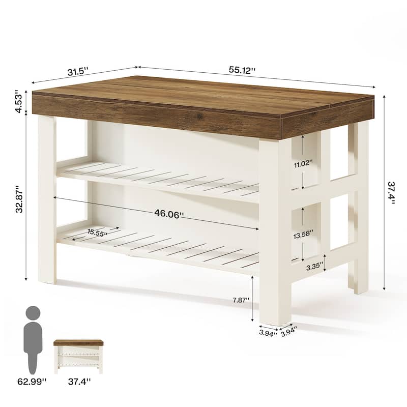 55.1-Inch Kitchen Island with Seating and Storage Shelves