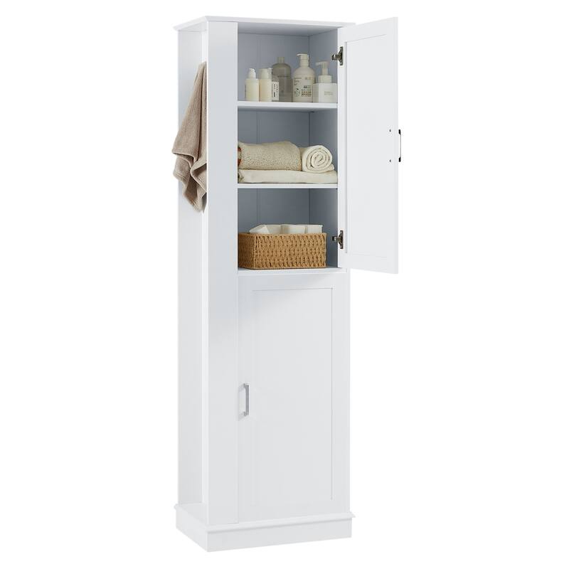 Modern Tall Bathroom Cabinet, Freestanding Storage Cabinet with Hooks and Adjustable Shelves, for Bathroom, White