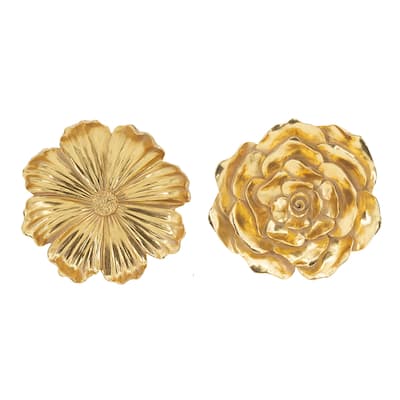 Dazzle 11, 12 Inch Floral Hanging Wall Accent Set of 2, 3 Dimensional, Gold