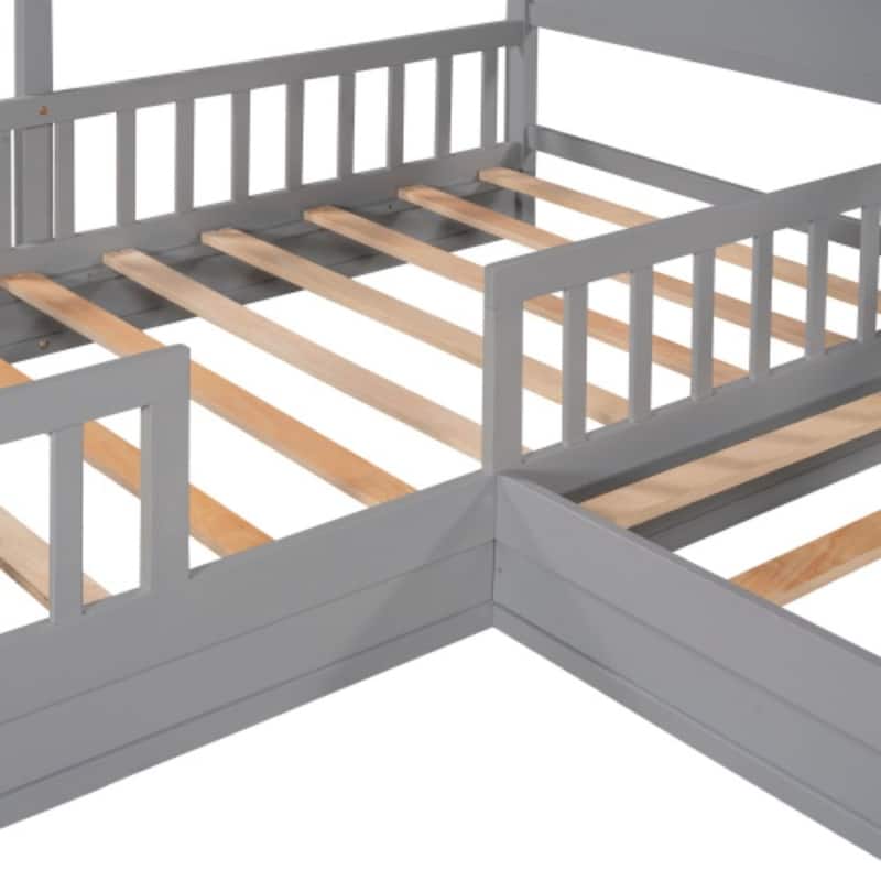 Wood House Bed Twin Size, 2 Twin Solid Bed L structure with Fence and Slatted Frame