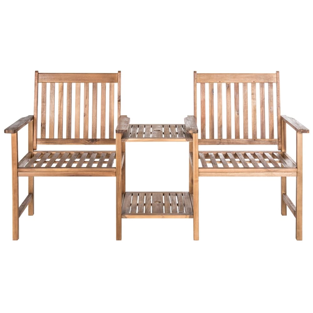 SAFAVIEH Outdoor Kya Solid Wood Twin Seat Bench - 24Wx65Dx35H