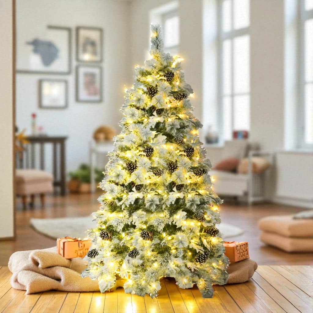 6ft Snow Flocked Pre-Lit Spruce Christmas Tree with Pine Cones, 250 LED Lights and 403 PE PVC Tips