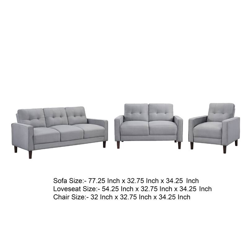 Bow 3pc Sofa Set with Track Arms and Tapered Legs, Gray Grid Tufted Fabric