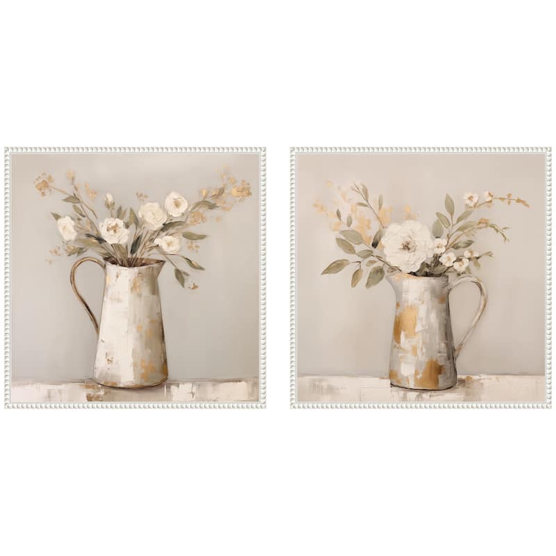 Kate and Laurel Sylvie Pitchers with Flowers Boho Country Framed Canvas Art Set by The Creative Bunch Studio