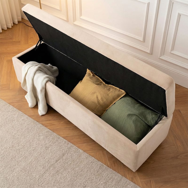 60" Wide Mid-Century Velvet Storage Bench With Solid Wood Base