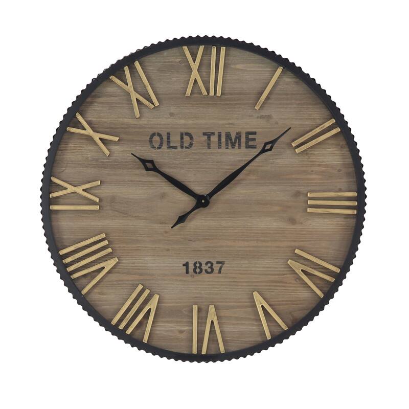 Wooden Wall Clock with Gold Accents - Brown - Roche River Decor - 3"W x 36"L x 36"H