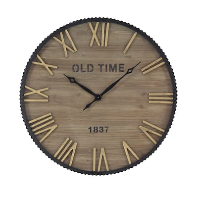 Wooden Wall Clock with Gold Accents - Brown - Roche River Decor - 3"W x 36"L x 36"H