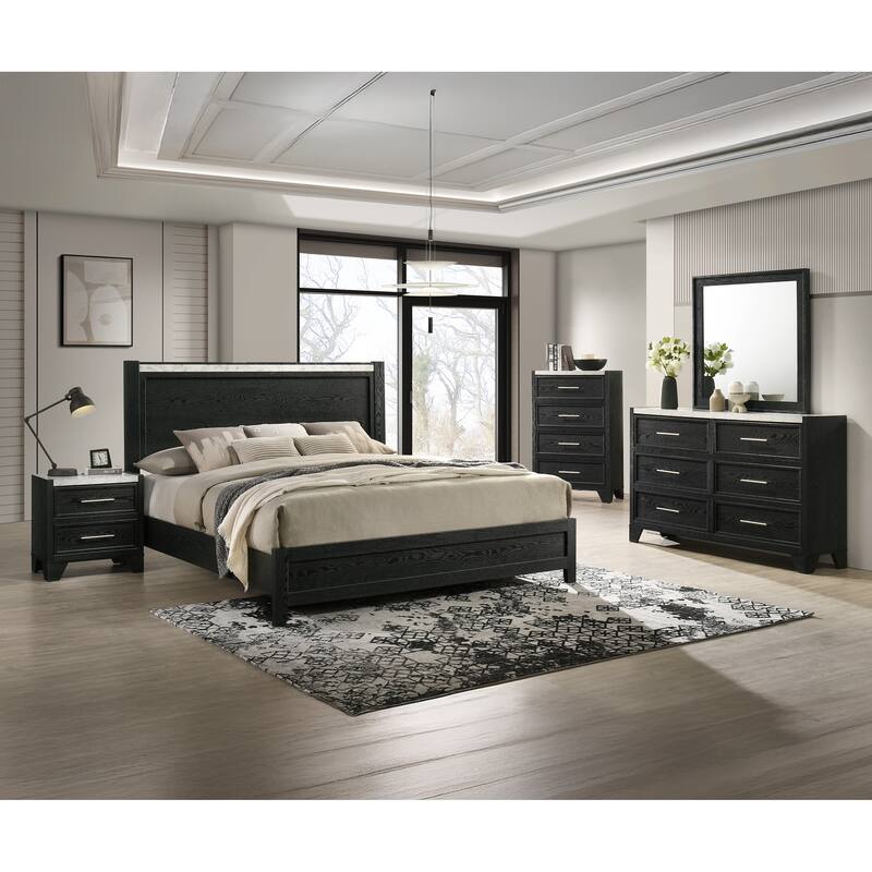 Black Queen Panel Bed with Faux Marble Accents, Modern Contemporary Style, Mattress Ready
