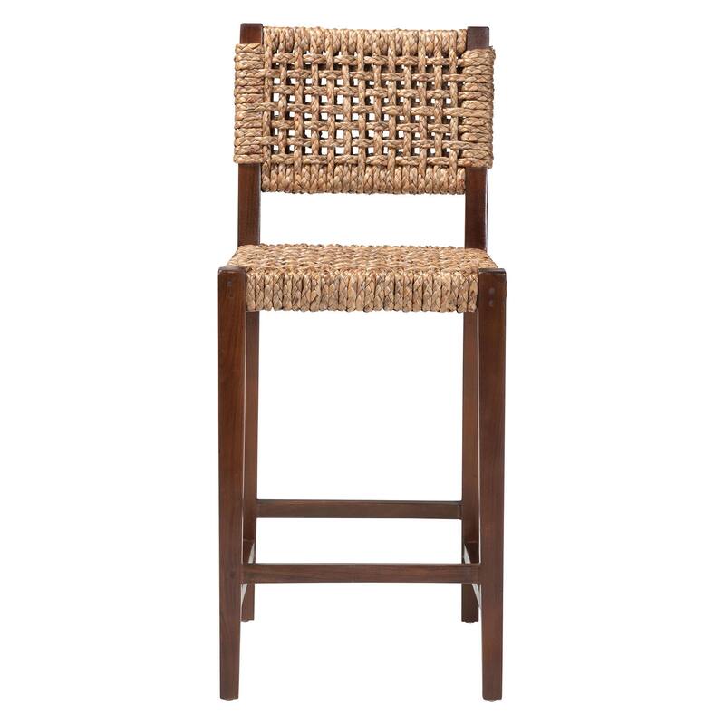 Alise Handwoven Seagrass Bar Stool with Mahogany Wood Frame - Bar-Height Chair for Kitchen or Home Bar, Earthy Brown