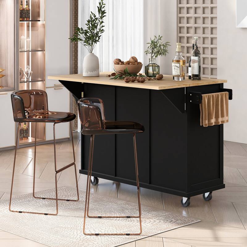 Mobile Kitchen Island Cart with Drop-Leaf Countertop & Storage Cabinet