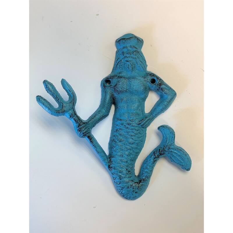 King Neptune Wall Hooks Set of 2 Cast Iron 6.75 Inches - Blue,Green
