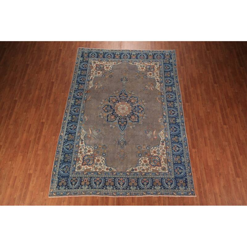 Grey Tabriz Persian Vintage Area Rug Hand-Knotted Bedroom Wool Carpet - 7'10" x 11'0"