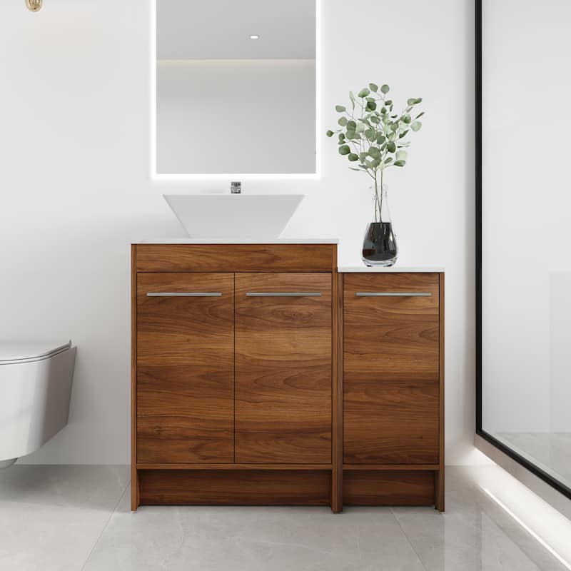 Malwee 24"/36"/48"/60" FreeStanding Bathroom Vanity, Floor Stand Bathroom Vanity with Ceramic Sink,Soft Close Door and Shelf - 35.4"×18.9" - Brown with sink-101
