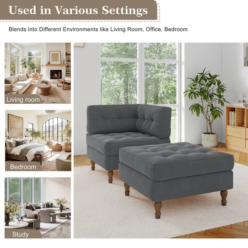 Corduroy L-shape Modular Corner Sectional Sofa with Reversible Storage Ottoman