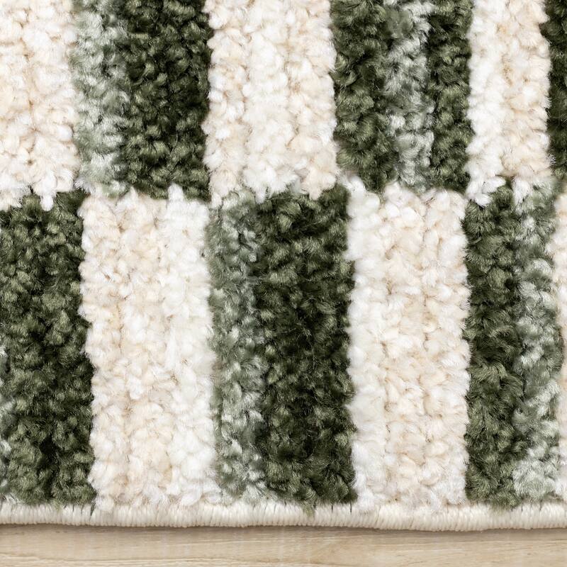 Nalani Collection - Ribbed Texture Soft Green Cream Rows Area Rug