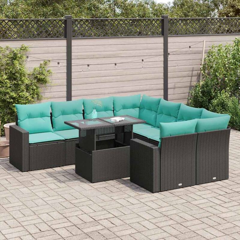 vidaXL Patio Sofa Set with Cushions and Table Outdoor 9 Piece Poly Rattan - 24.4 x 24.4 x 27.2 - Black with storage