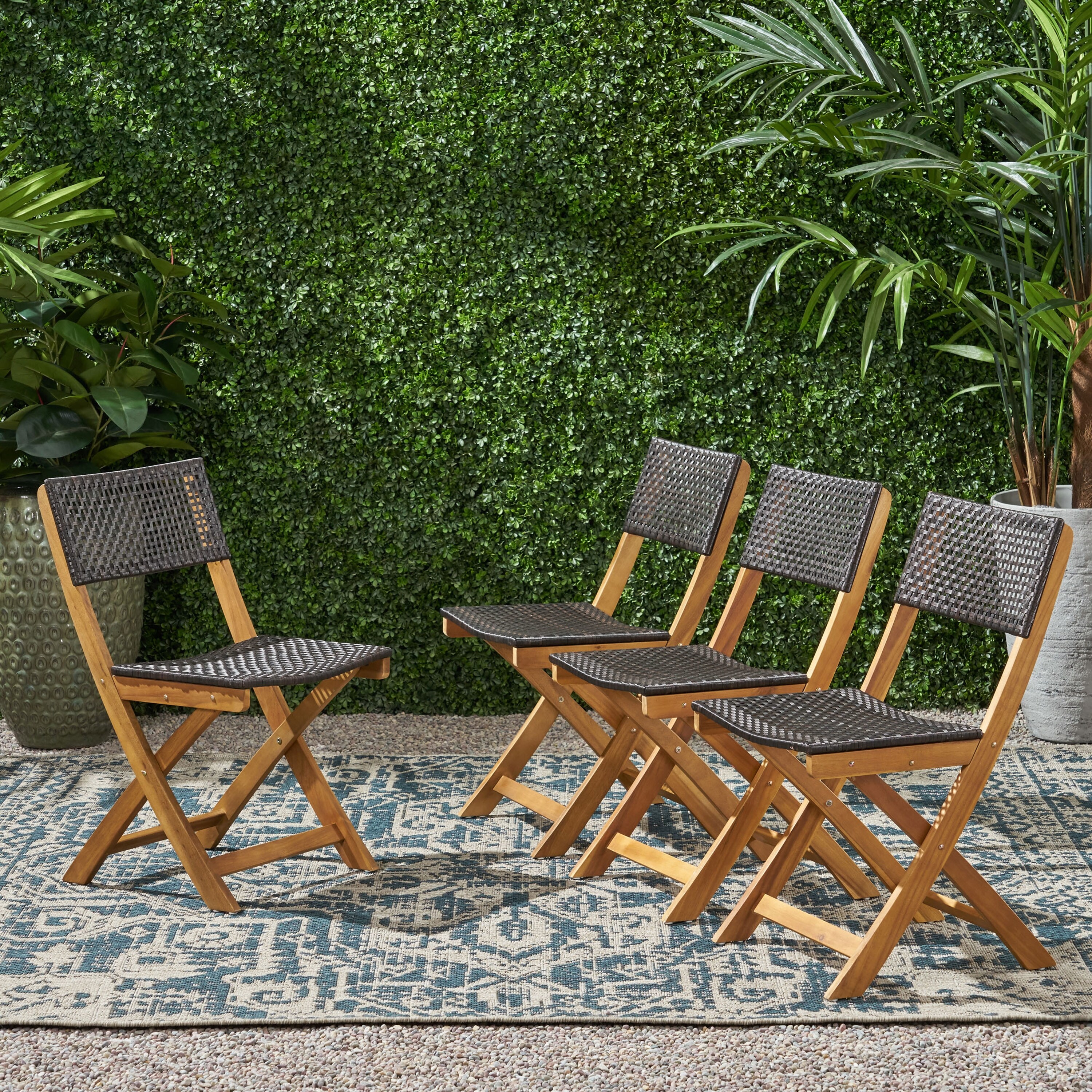 Hillside Outdoor Acacia Wood Foldable Bistro Chairs with Wicker