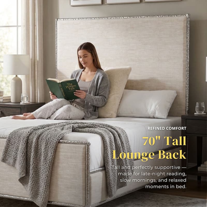 Furniture of America Zayen Modern Beige Upholstered Queen Size Hammered Metal Platform Bed