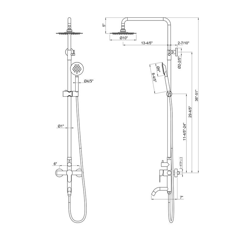 51"H 3-Function 304 Stainless Steel Wall-Mounted Outdoor Shower System