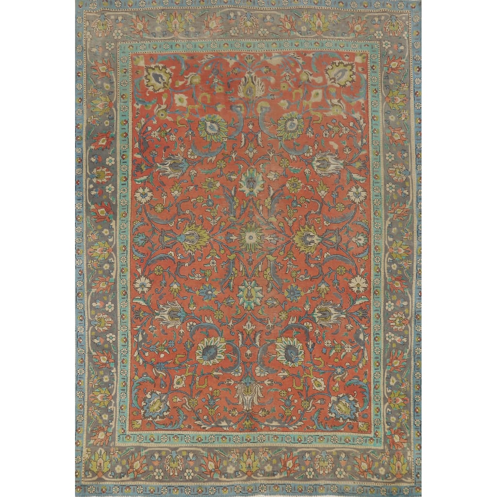 Hand Knotted Oriental 100% Wool Carpet Traditional All-Over Oranges & Rust Tabriz Area Rug - 9' 1'' X 6' 9''