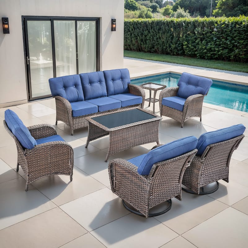 TWrap 7-Piece Patio Brown Wicker Sofa Conversation Set with 5-Inch Thick Cushions