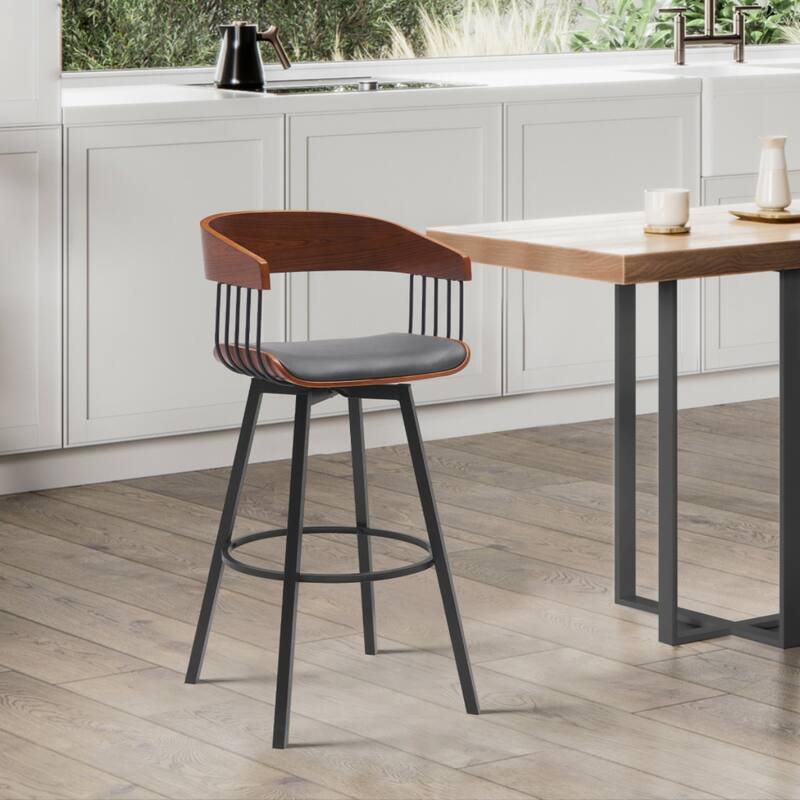 Modern Faux Leather Swivel Counter Stool with Arms and Footrest 27" Seat Height and Metal Legs