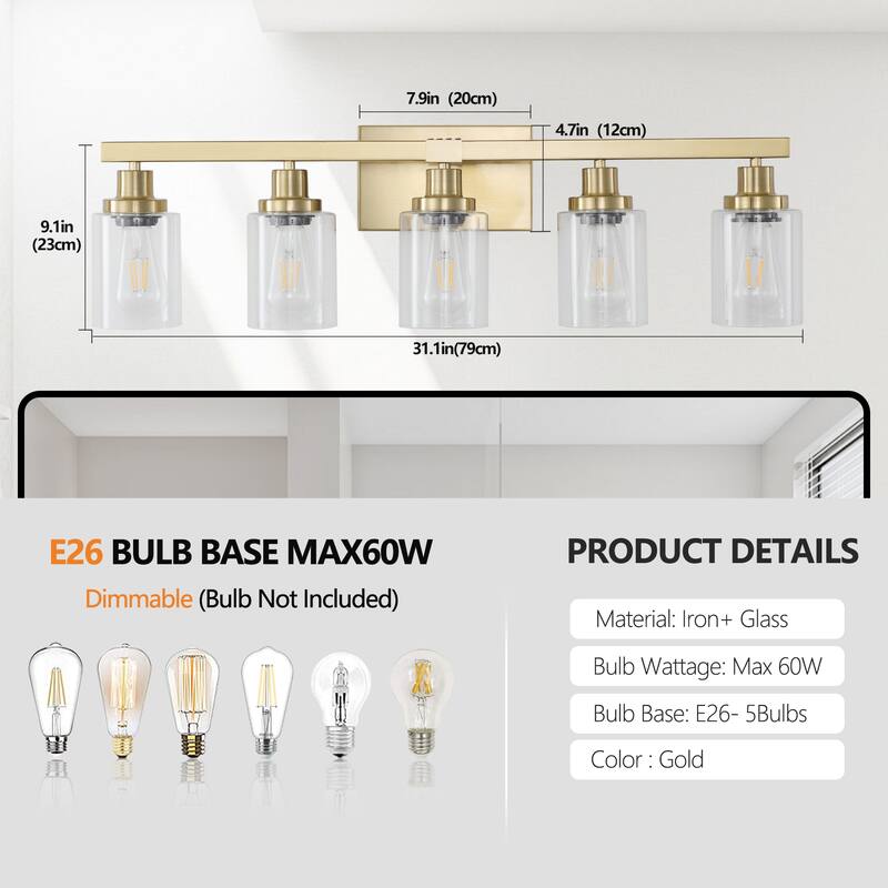 31" 5-Light Vanity Light with Clear Glass Shades, Modern Iron Metal Bathroom Wall Fixture for Mirror(No Bulbs)