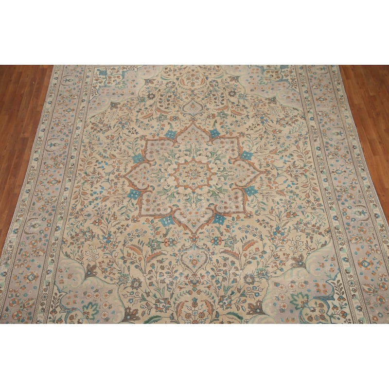 Hand Knotted Oriental 100% Wool Carpet Traditional Floral Beige & Ivories Tabriz Area Rug - 12' 8'' X 9' 8''