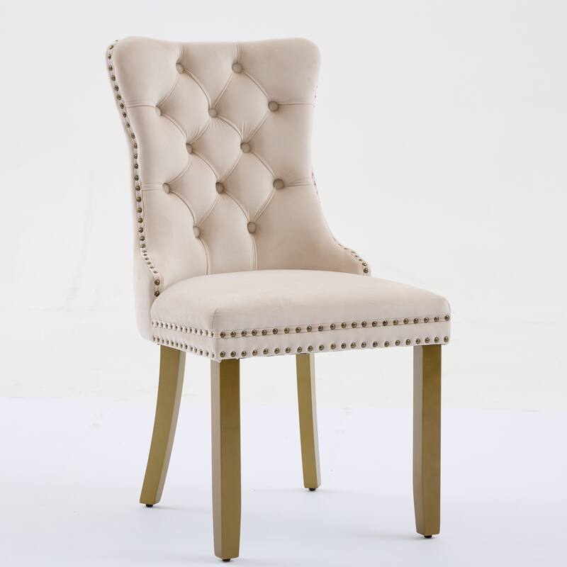 Velvet Dining Chairs Set of 2, Tufted Dining Chairs with Nailhead Trim, Kitchen Chairs with Lion Head Pulls Ring & Wooden Legs
