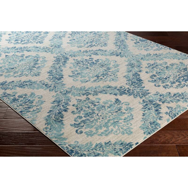 Riley Light Blue Damask Trellis Area Rug - 2' 7" x 7' 3"