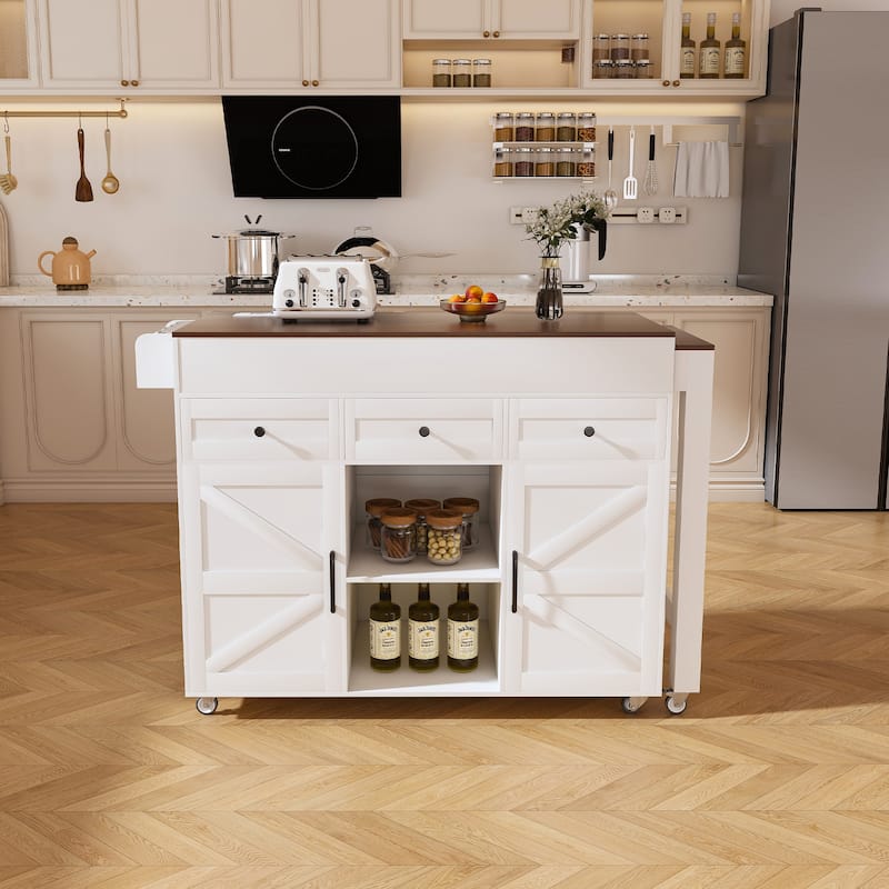 74.8"Kitchen Island with Extendable Dining Table & Power Outlet-Rolling Storage Cart on Wheels with 3 Drawers & 2 Door Cabinet