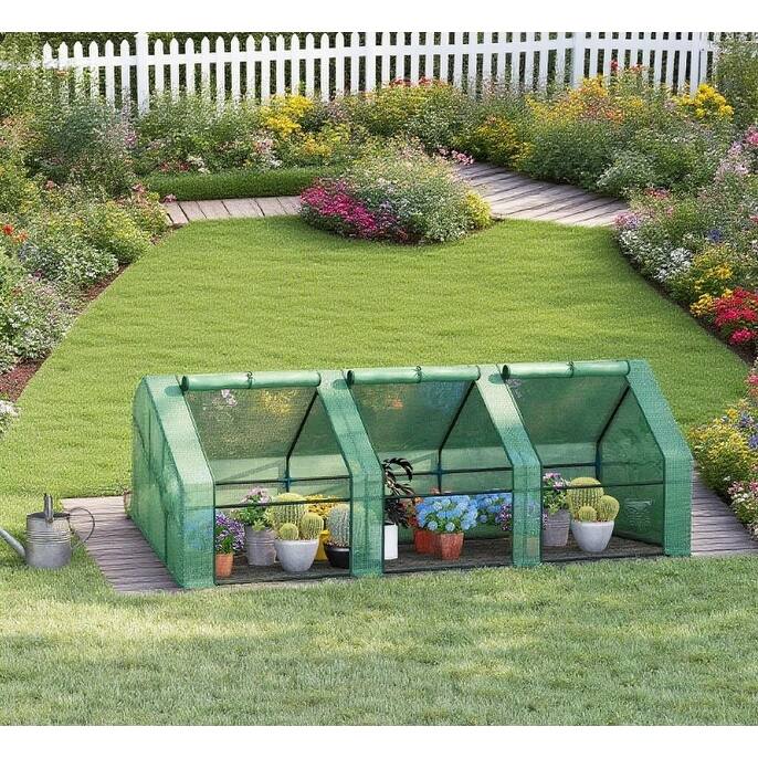 GDFStudio - Outdoor 9'x3'x3' Portable Tunnel Greenhouse with Roll-Up Doors & Steel Frame - Green - 9'x3'x3 - 9'x3'x3
