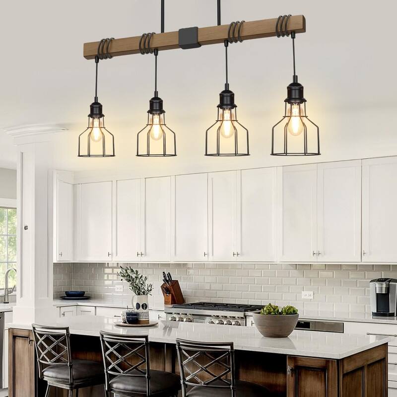 4 Light dining room light black pendant lights metal, wood light fixtures