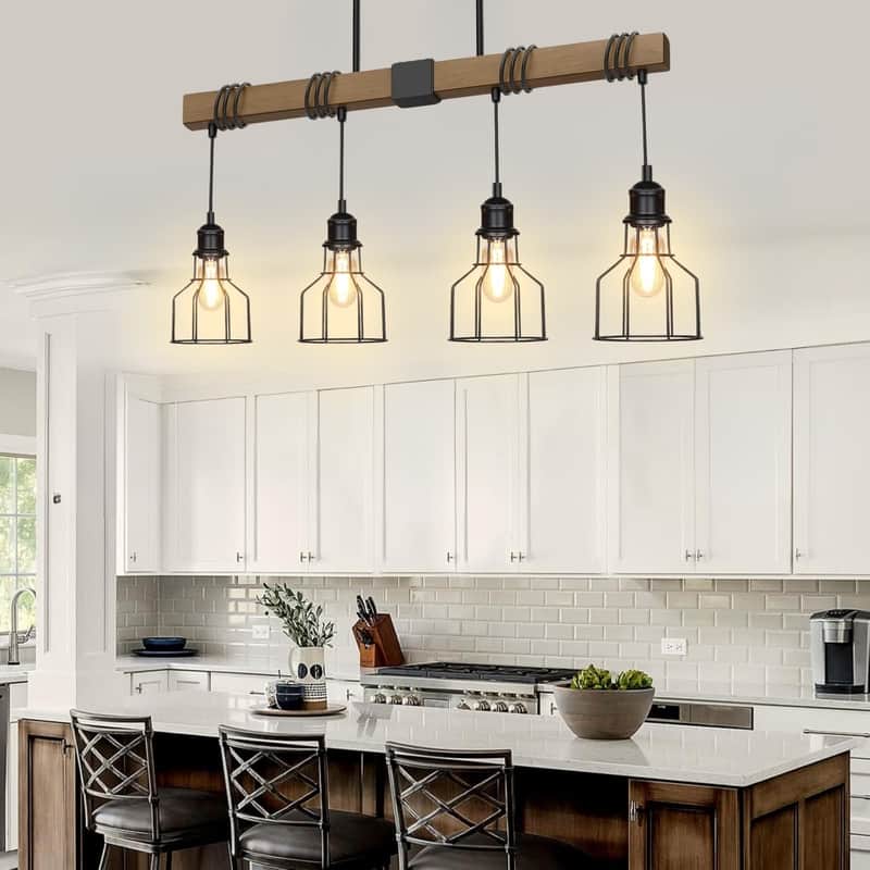 4 Light dining room light black pendant lights metal, wood light fixtures