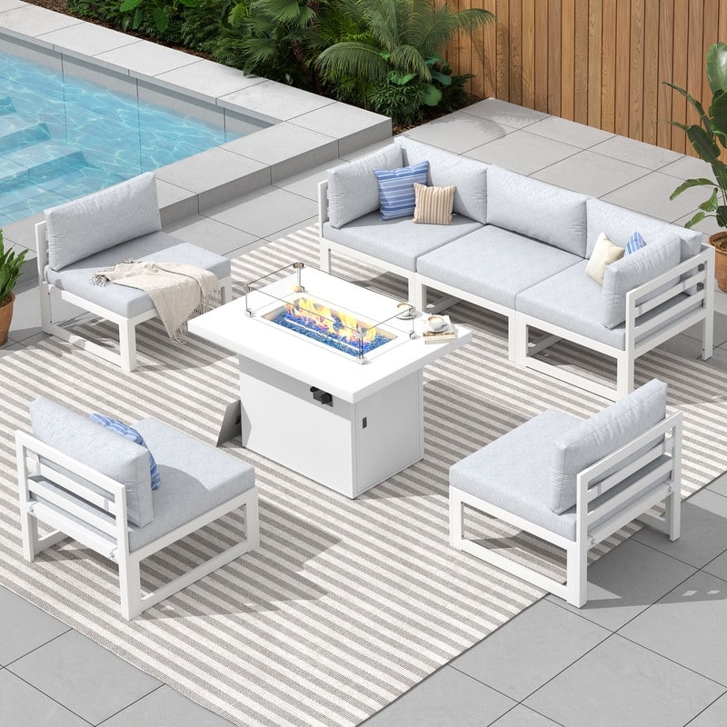 FINCATI White Aluminum Modern Patio Furniture Sectional Sofa Set with Cushion - 7 Pieces-A - Light Grey