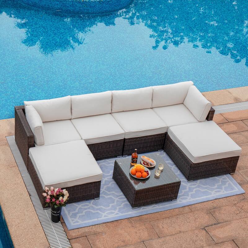 COSIEST 7-Piece Outdoor Patio Wicker Sectional Sofa with Coffee Table - BrownWicker+OffwhiteCushion