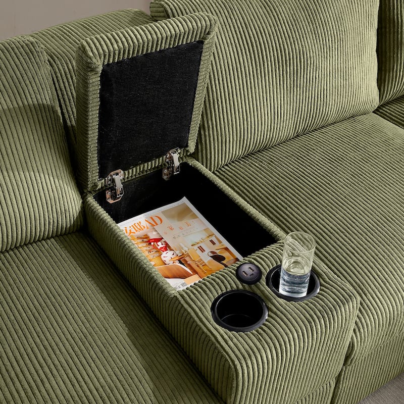 126" U-Shaped Cloud Couch Sectional with Double Chaise, Console, Cup Holders and USB, Oversized Corduroy Sofa