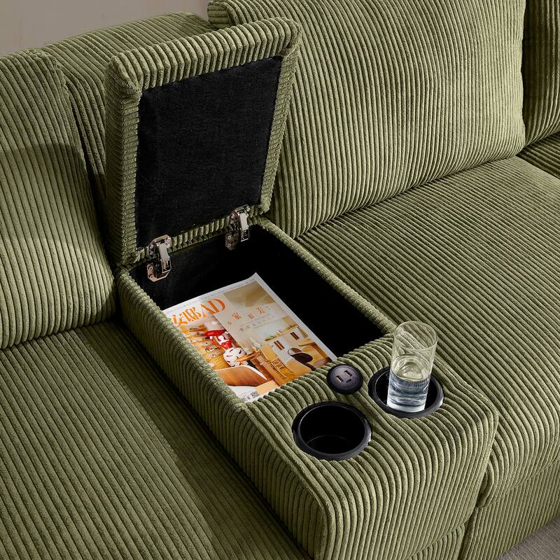 Modern Memory Foam Couch Corduroy U-shaped Sectional Sofa with Storage Console, Cup Holders and USB Ports for Living Room
