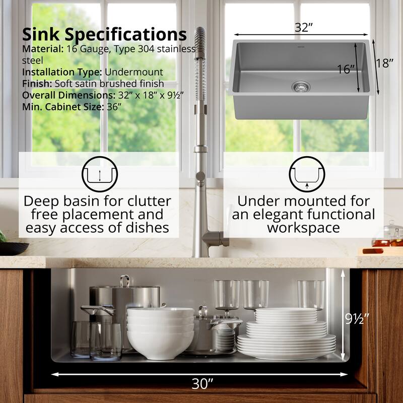 Karran 32" Undermount 16-Gauge Stainless Steel Extra Large Single Bowl Kitchen Sink Kit