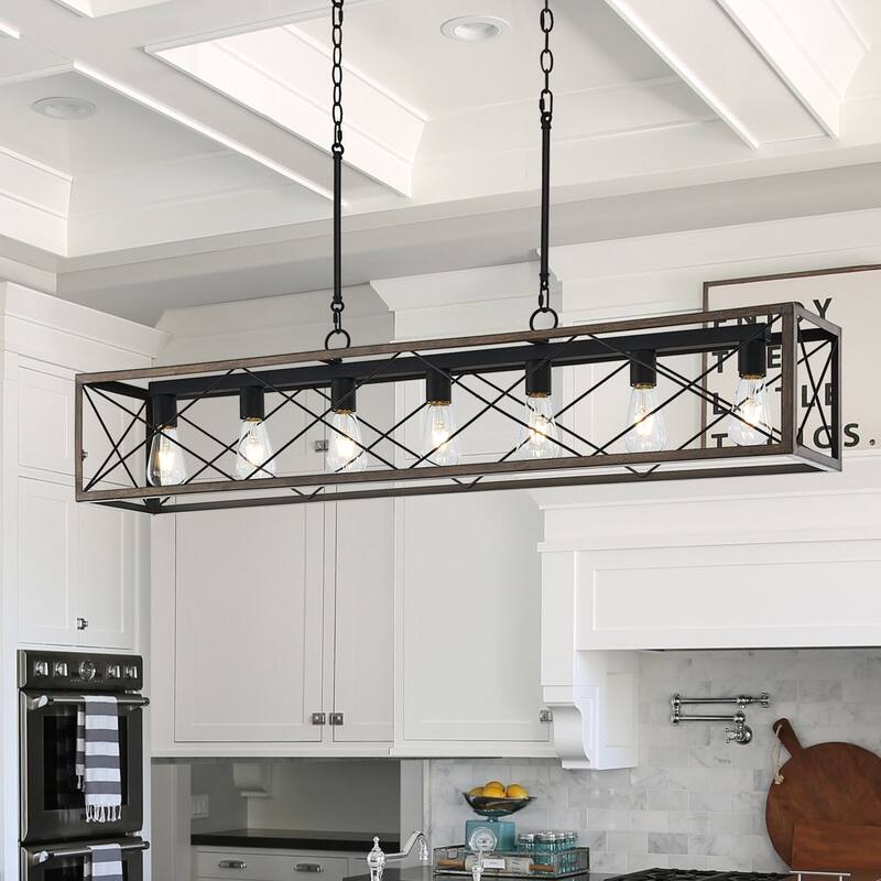 7-Light 48In Linear Modern Farmhouse Kitchen Chandelier - 48'' - WeatheredWalnut