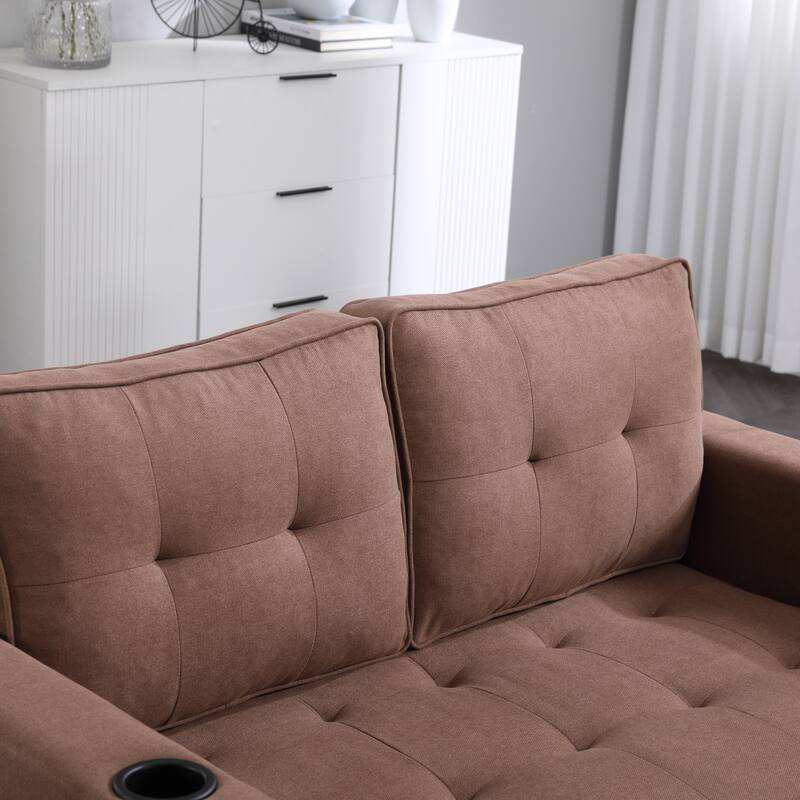 Upholstered Futon Sofa Convertible Sofa Bed Tufted Loveseat wFolding Mattress, Cup Holder & Pockets 2-seat Armchair