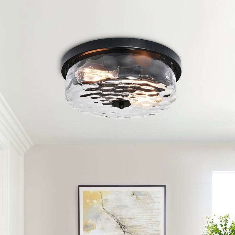 2-light Water Glass Shaded Drum Flush Mount - Black