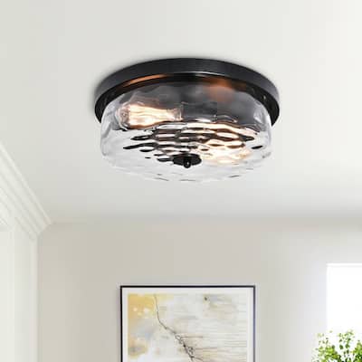 2-light Water Glass Shaded Drum Flush Mount - Black