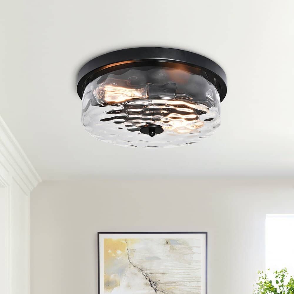 2-light Water Glass Shaded Drum Flush Mount - Black