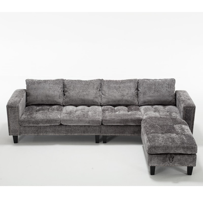 5 Seat Modular Convertible Sectional L Shaped Sofa with Storage Ottoman, Gray, Chenille