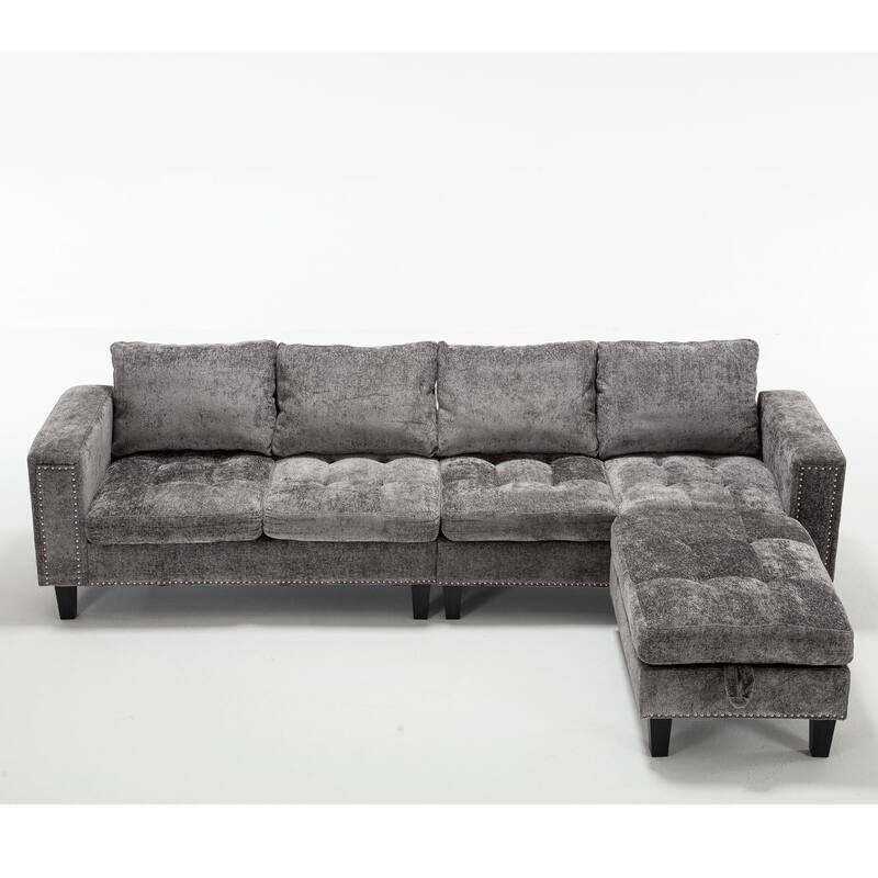 Grey 104.5'' L-Shaped Modular 5 Seat Sectional Sofa with Storage Ottoman, Reversible Chaise and 4 Back Cushions