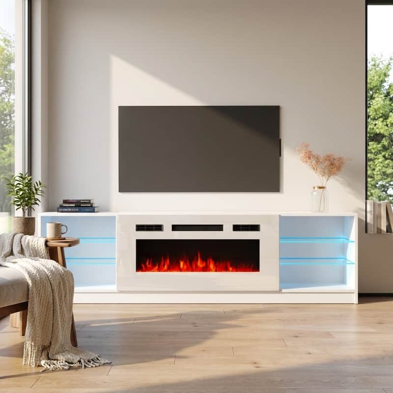 Meble Furniture Boston 79" Electric Fireplace TV Stand with 40" Fireplace Insert and LED Shelf Lighting