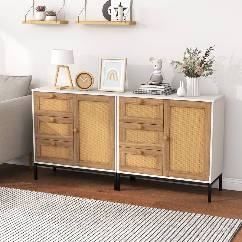 Gymax Set of 2 Rattan Sideboard Buffet Cabinet Accent Cabinet w/ 1